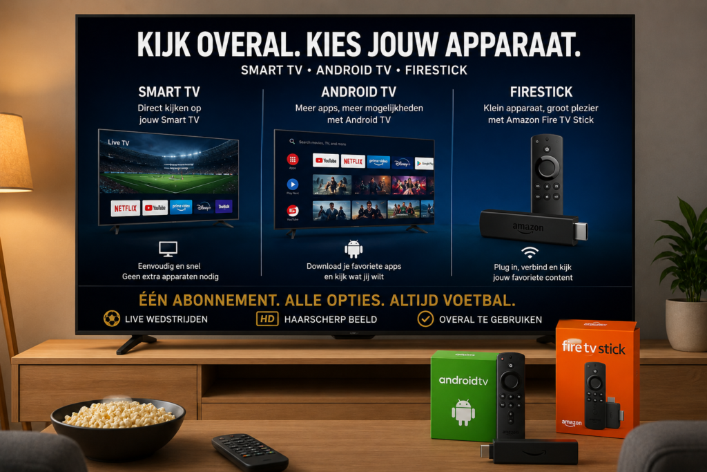 Premium IPTV subscription accessible on Smart TVs, Android TV devices, and Fire TV Stick, allowing users to stream live TV channels, sports events, movies, and entertainment content through a single subscription across multiple devices.
