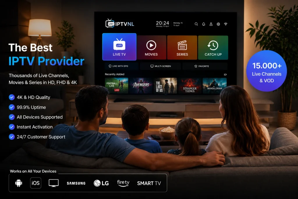 Family watching IPTV on a Smart TV with a modern IPTV interface showing live TV, movies, series, and premium streaming services.