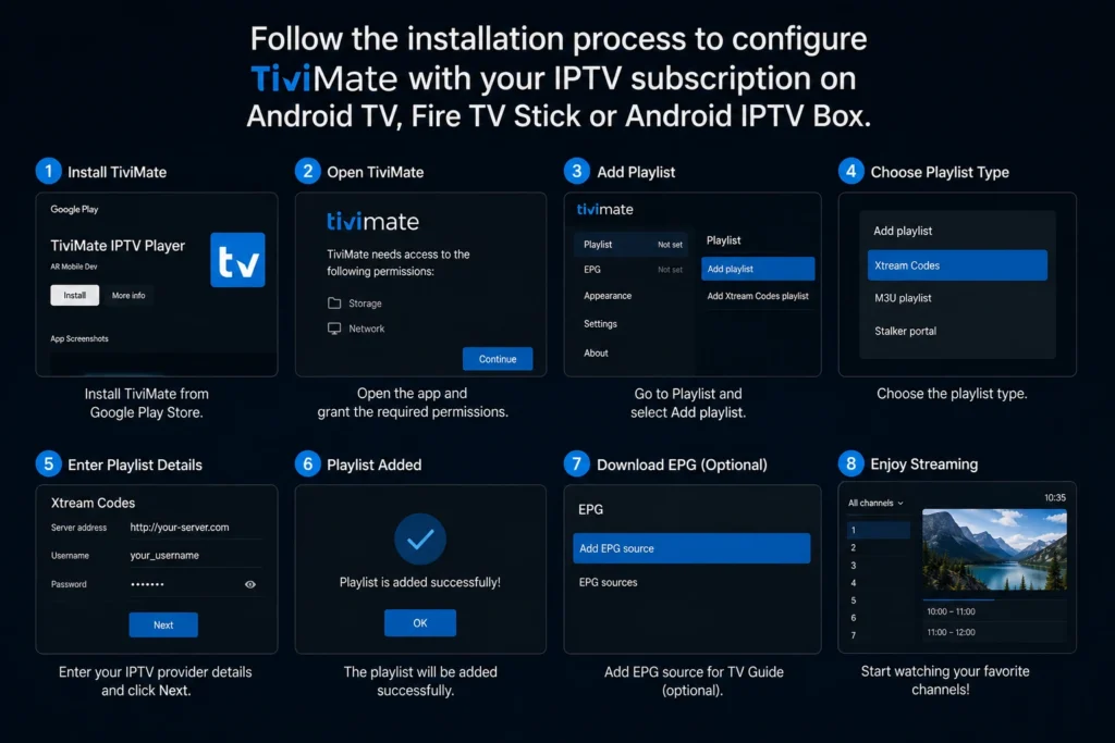Installing the TiviMate app on Android TV with IPTV playlist configuration.