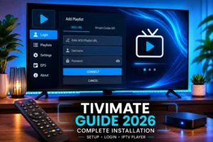 TiviMate installation guide showing IPTV player login screen, M3U Playlist setup and Xtream Codes configuration on Android TV.