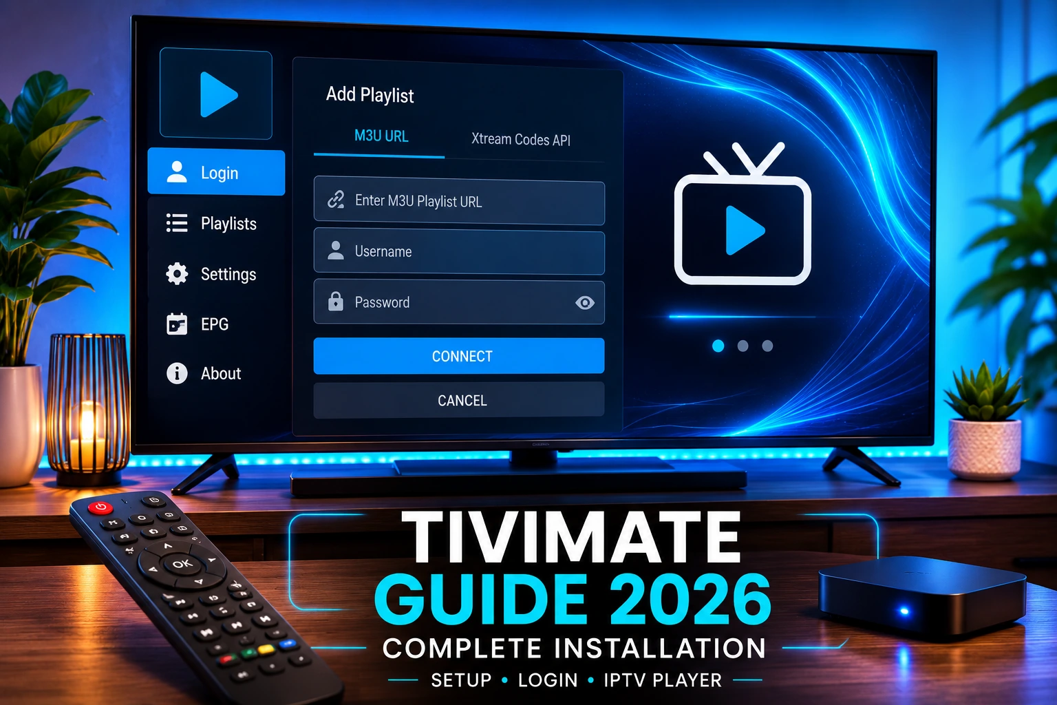TiviMate installation guide showing IPTV player login screen, M3U Playlist setup and Xtream Codes configuration on Android TV.